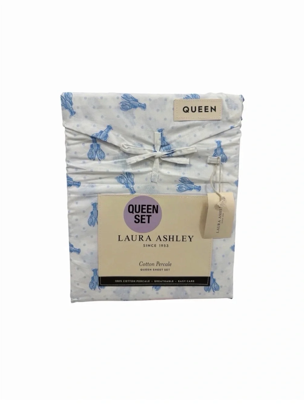 Laura Ashley QUEEN Lobster Polka Dot Blue 4Pc Sheet Set 100% Cotton Percale